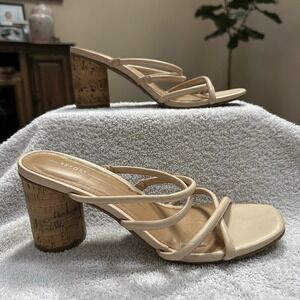 Report Moragon Cork Block Heel Sandals – Nude Beige Strappy Slide 7.5 Y2K Vibes